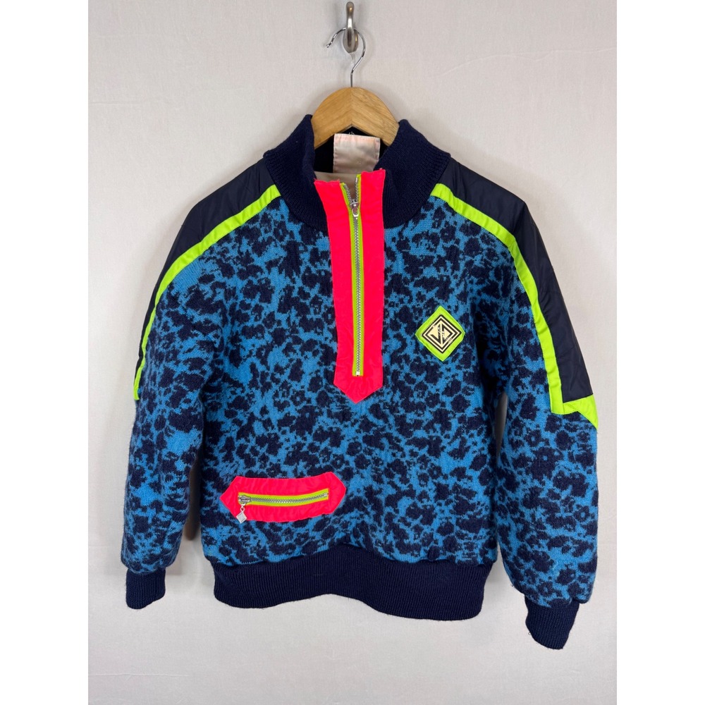 Vintage Sun‎ Valley 80s Neon Leopard Fleece Quarter Zip Pullover Jacket Women S
